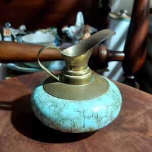 Delft Holland Pitcher Ewer Small Hand Painted Brass Handle with Spout Vintage